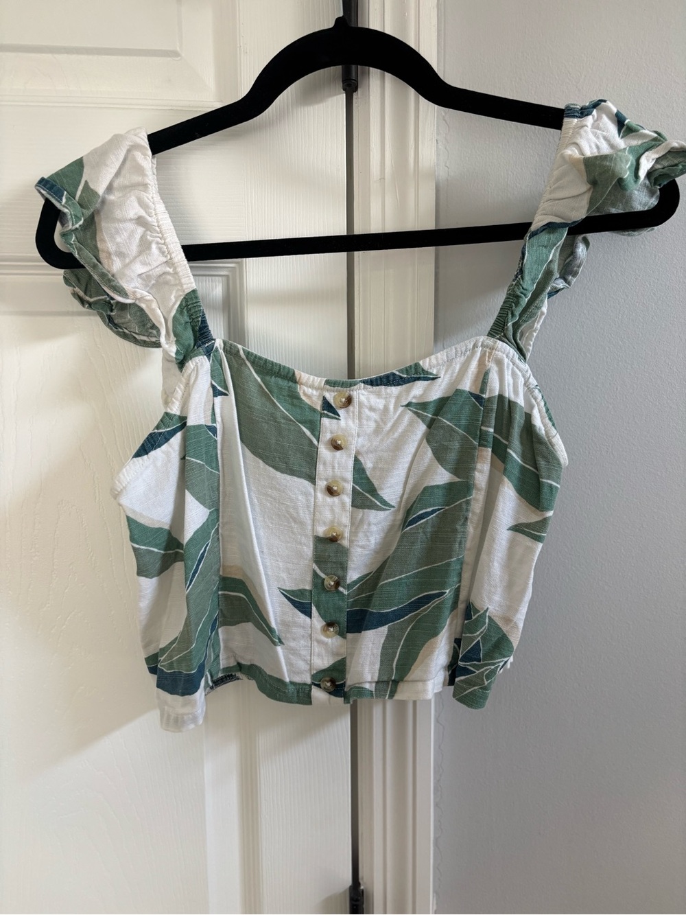 Billabong White Crop Top with Green Leaf Print and Button Front